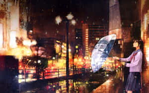 Rainy Cityscape With Anime Character Wallpaper