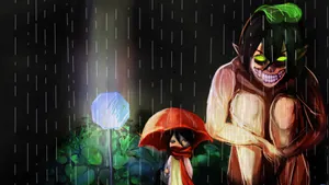 Rainy Encounter With Titan And Child Wallpaper