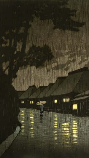 Rainy Night Village Scene Wallpaper