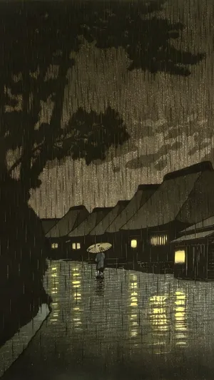 Rainy Night Village Scene Wallpaper