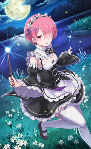 Ram From Re:zero Showcasing Her Elegance And Strength In A Stunning Portrait Wallpaper