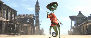 Rango Dancing Over Blue Sky Backdrop Wallpaper