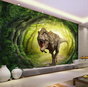 Realistic 3d Dinosaur Roaming Through Ancient Forest Wallpaper