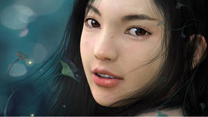 Realistic Cute Girl Close-up Art Wallpaper