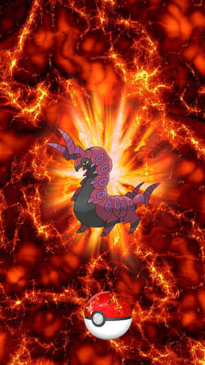 Red Aesthetic Scolipede With Pokeball Phone Wallpaper