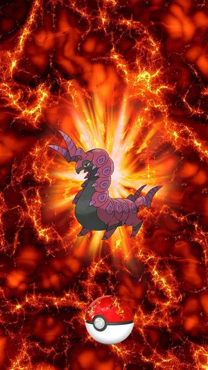 Red Aesthetic Scolipede With Pokeball Phone Wallpaper