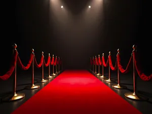 Red Carpet And Gold Stanchions Under Bright Spotlights In The Darkness Wallpaper