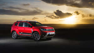 Red Dacia Duster Sunset Backdrop Wallpaper