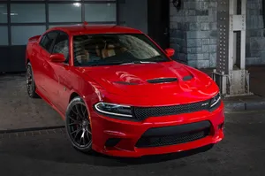 Red Dodge Charger Hellcat Industrial Backdrop Wallpaper
