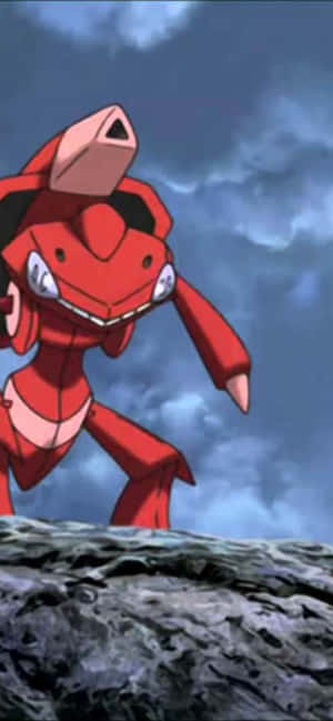 Red Genesect Pokemon Standing On Rock Wallpaper