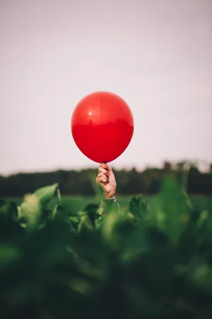 Red Glossy Balloon Over Green Plants Wallpaper