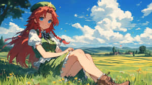 Red Haired Anime Girl Relaxingin Meadow Wallpaper