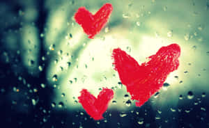 Red Hearts On A Rainy Window Wallpaper