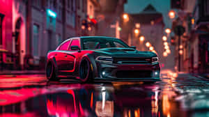 Red Hellcat Charger Night Cityscape Wallpaper