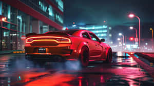 Red Hellcat Charger Night Cityscape Wallpaper