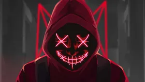 Red Hooded Figurewith Neon Mask Wallpaper