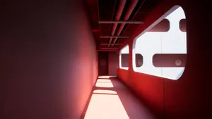 Red Hued Corridor Liminal Space Wallpaper