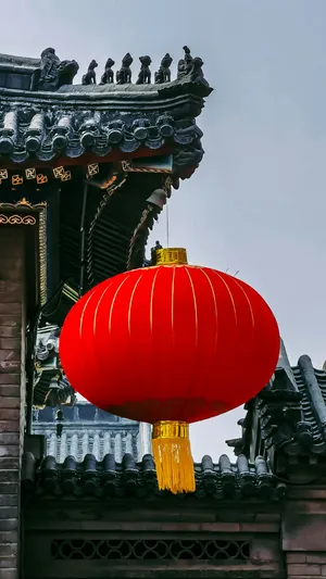 Red Lantern Hanging Traditional Roof Wallpaper