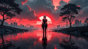 Red Moon Anime Scene Wallpaper