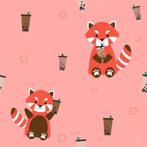 Red Panda And Boba Tea Pattern Wallpaper