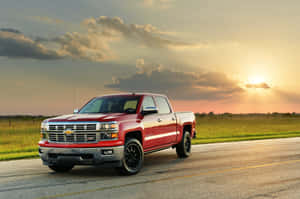 Red Pickup Truck Sunset Sky Wallpaper