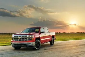 Red Pickup Truck Sunset Sky Wallpaper