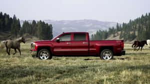 Red Pickup Truck With Horsesin Pasture Wallpaper