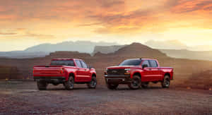 Red Pickup Trucks Sunset Desert Landscape Wallpaper