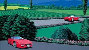 Red Sports Cars Countryside Artwork Wallpaper
