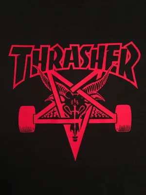 Red Thrasher Skategoat Logo On A Bold Background Wallpaper