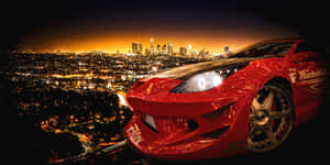 Red Toyota Celica Night City Backdrop Wallpaper