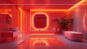 Red Y2 K Style Bathroom Interior Wallpaper