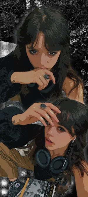 Reflective_ Twin_ Girls_with_ Headphones_ Artwork Wallpaper