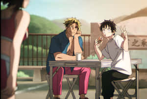 Relaxed Outdoor Dining Anime Scene Wallpaper