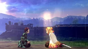 Rengoku And Tanjiro - A Fierce Duo In Battle Wallpaper