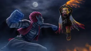 Rengoku Kyojuro And Akaza Engaging In A Fierce Battle. Wallpaper