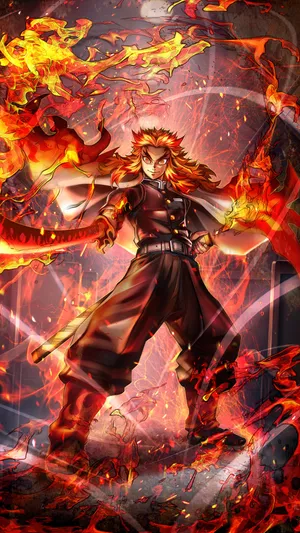 Rengoku Kyojuro's Flaming Sword From Demon Slayer Anime Wallpaper