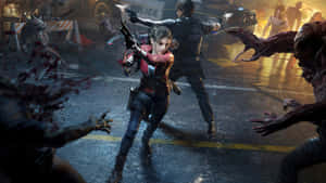 Resident Evil 2 Claire Surrounded By Zombies Wallpaper