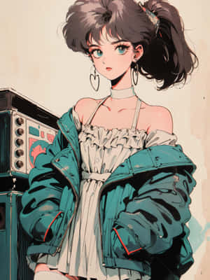 Retro Anime Girlwith Jukebox Wallpaper