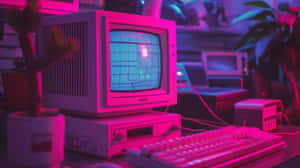 Retro_ Computer_ Setup_with_ Neon_ Glow Wallpaper