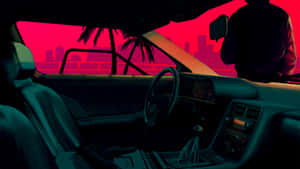 Retro Futuristic Car Interior Sunset Wallpaper