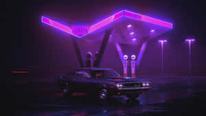 Retro Futuristic Neon Gas Station Wallpaper