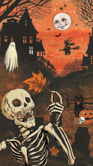 Retro Halloween Skeletonand Black Cat Wallpaper