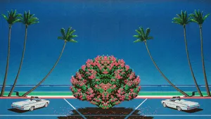 Retro Seaside Palm Treesand Classic Car Art Wallpaper