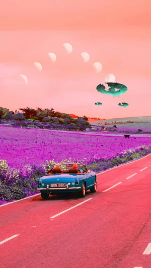 Retro Summer Roadtripwith U F Os Wallpaper
