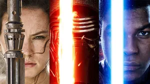 Rey From Star Wars - A Blaster And Her Glowing Lightsaber Ready Wallpaper