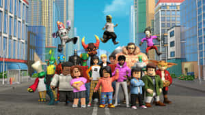 Roblox Characters Gathering Cityscape Wallpaper