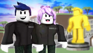 Roblox Characters Pose With Statue Wallpaper