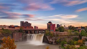 Rochester Skylineand Waterfallat Dusk Wallpaper