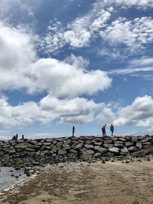 Rocky Beach Promenade Under Cloudy Sky Wallpaper